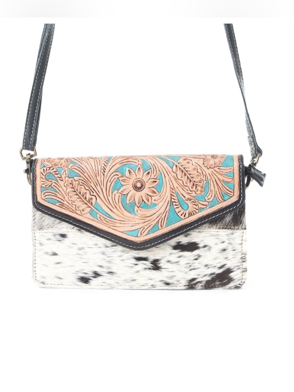 Western Bag Tooled Floral Turquoise & Cowhide Crossbody Wallet Bag